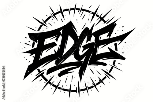Edge Graffiti Artistry. Edge, graffiti lettering, strong aggressive strokes, surrounded by sparks, circular frame composition, clean white background, vector