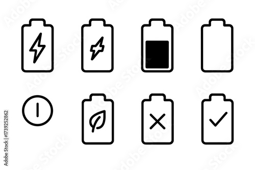 Battery Status Icons. Outline icon set of battery status: charging, discharging, full, empty, standby, power saving, replacement needed, optimized. Line icons