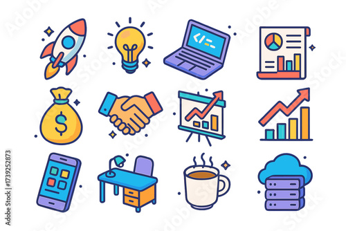 Colorful Startup Icons. Startup launch. Colorful isometric vector icons set of startup launch: rocket ship, lightbulb idea, laptop with code, business plan,
