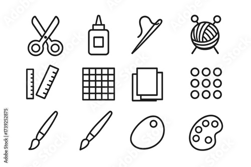 Craft Tool Icons. Craft projects. Line icon set of craft projects: scissors, glue bottle, needle, thread, yarn ball, knitting needles, ruler, cutting mat,