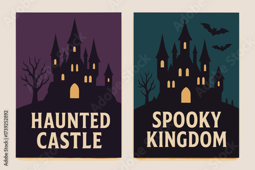 Haunted Carnival Banners. Two vertical A6 banners, flat vector design, orange and turquoise backgrounds, carnival masks, spooky fairground, creepy clowns,