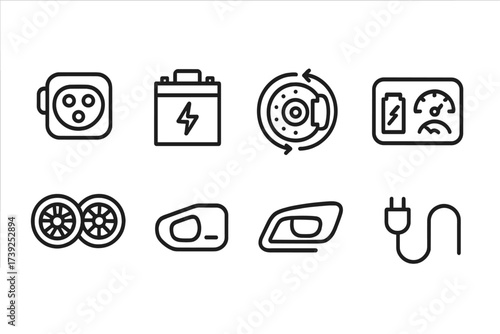 Electric Car Parts Icons. Outline icon set of electric car parts: charging port, battery pack, electric motor, regenerative braking, dashboard display, wheels,