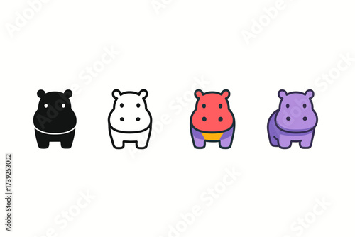Hippopotamus Icon Styles. Vector icon hippopotamus same pose same proportions four styles black solid glyph outline minimal flat multicolor filled cartoon flat