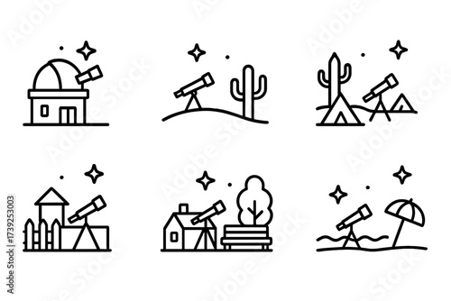 Stargazing Icon Set. Outline icon set of stargazing locations: observatory, hilltop, desert, campsite, backyard, rooftop, park, beach. Line icons in only black