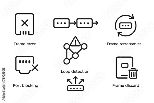 Data Link Icons. Outline icon set of data link troubleshooting: frame error, collision detection, frame retransmission, MAC address conflict, loop detection,