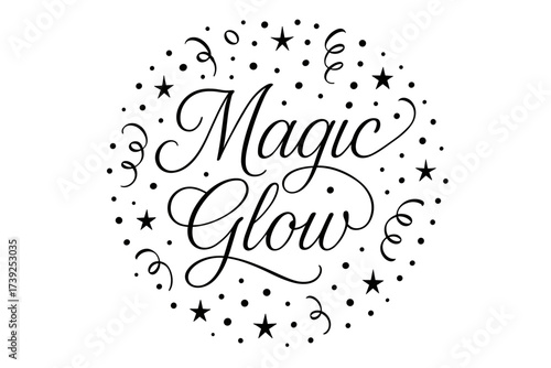 Festive Calligraphy Circle. Magic Glow, thin line calligraphy, smooth curves, balanced composition, clear readable letters, consistent style, surrounded by