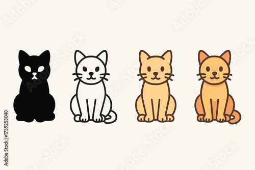 Cat Icon Styles. Vector icon cat sitting same pose same proportions four styles black solid glyph outline minimal flat multicolor filled cartoon flat shaded.