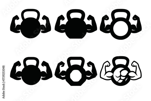 Muscle Toning Logos. Toning muscles. Set Logo of toning muscles: kettlebell icon. harmonious logo variations of the same emblematic concept, each