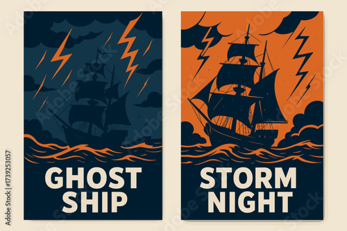 Navy Ghost Ship Banners. Two vertical A6 banners, flat vector design, navy blue and orange backgrounds, ghost ship silhouette on stormy sea, lightning and