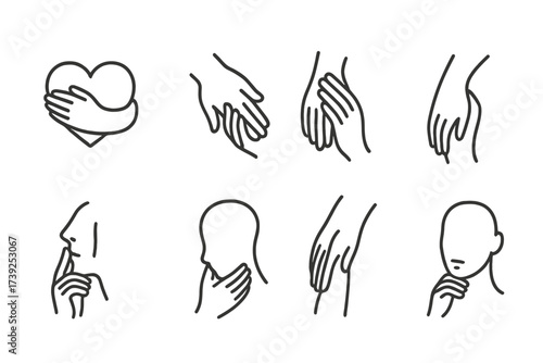 Tender Connection Icons. Outline icon set of tender emotions: hand hugging heart, soft hand on hand, fingertips touching palm, gentle wrist hold, hand near