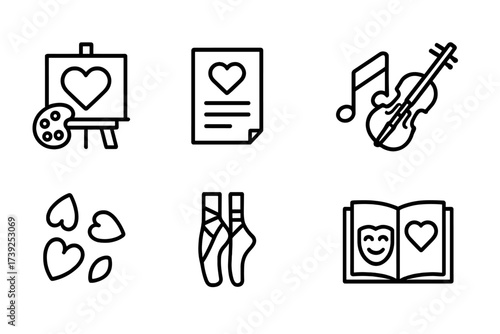 Desire Icon Set. Outline icon set of desire art: heart painting, love poem, music note, violin, rose petals, dance shoes, theater mask, romantic book. Line