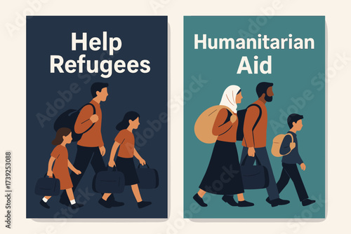 Support Refugee Families. Two vertical A6 banners, flat vector design, navy and teal backgrounds, refugee family walking with bags, humanitarian theme, first