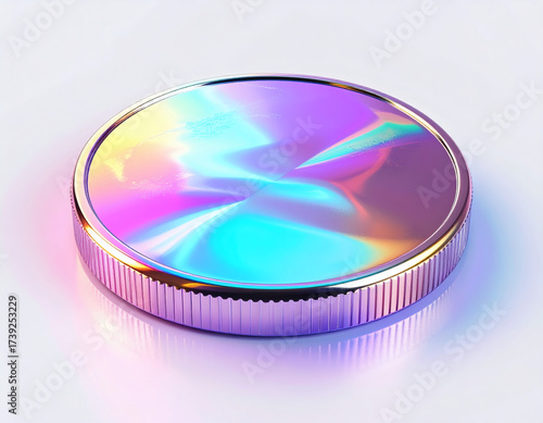 Futuristic iridescent metallic disc reflecting a dazzling spectrum of neon colors with a textured edge, symbolizing digital innovation or abstract luxury