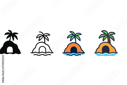 Island Icon Variations. Vector icon island with cave entrance same pose same proportions four styles black solid glyph outline minimal flat multicolor filled