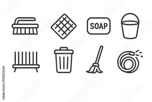 Field Kitchen Cleaning Icons. Outline icon set of field kitchen cleaning tools: scrub brush, dishcloth, soap bar, rinse bucket, drying rack, waste bin, mop,
