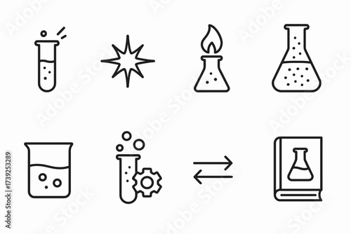 Chemical Icon Collection. Outline icon set of chemical reactions: test tube reaction, explosion, flame, precipitate, color change, gas bubbles, catalyst,