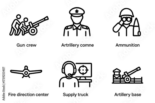 Artillery Unit Icons. Outline icon set of artillery units: gun crew, artillery commander, forward observer, ammunition handler, spotter drone, fire direction