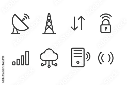 Radar Communication Icons. Outline icon set of radar communication tools: satellite dish, radio antenna, data transmission, encryption lock, signal booster,
