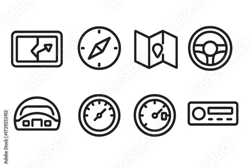 Supply Truck Icons. Outline icon set of supply truck navigation: GPS device, compass, map, steering wheel, dashboard, speedometer, fuel gauge, radio. Line