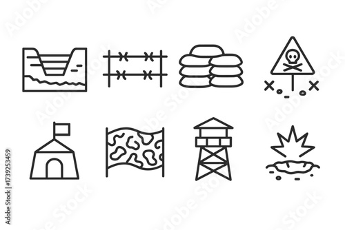Combat Environment Icons. Outline icon set of combat environment: trenches, barbed wire, sandbags, minefield, command post, camouflage net, watchtower,
