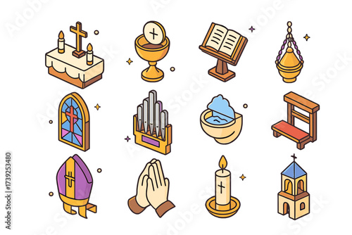 Colorful Catholic Worship Icons. Catholic worship. Colorful isometric vector icons set of Catholic worship: altar with crucifix, chalice and host, Bible on