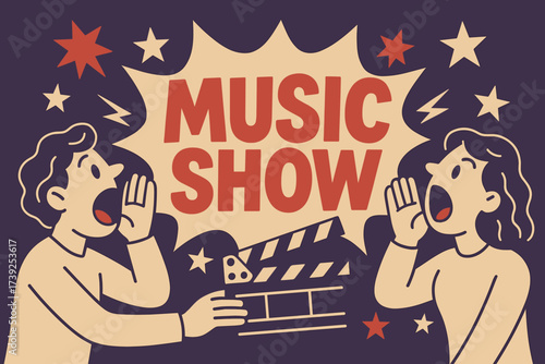 Vibrant Music Show Banner. Music Show banner, flat vector illustration, bold oversized text inside comic burst, cartoon characters shouting with clapper board,