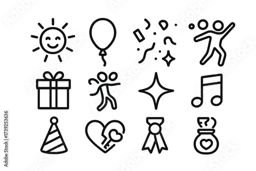 Emotions Icon Set. Outline icon set of joy emotions: sun with smile, balloon, confetti, dancing figure, gift box, sparkling star, party hat, music note. Line