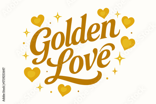 Golden Love Calligraphy. Golden Love, bold vintage calligraphy, smooth curves, balanced composition, clear readable letters, consistent style, surrounded by