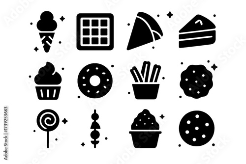 Street Dessert Icons. Street desserts. Solid icons set of street desserts: ice cream, waffle, crepe, cake slice, cupcake, donut, churros, fried dough, candy