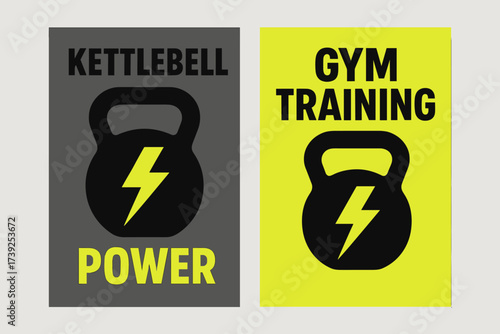 Kettlebell Power Banners. Two vertical A6 banners, flat vector design, grey and neon yellow backgrounds, kettlebell with lightning symbol, strength workout,