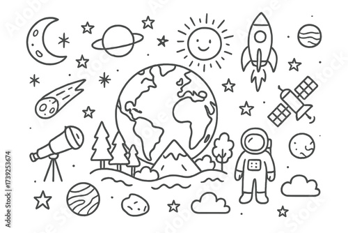 Space Exploration Icons. Earth & Space. Hand-drawn doodle illustration globe, moon, stars, sun, rocket, satellite, planets, comet, astronaut, telescope,
