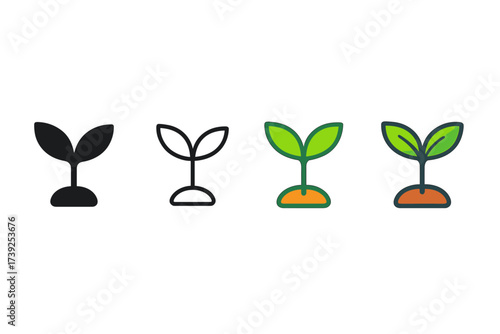 Organic Plant Icons. Vector icon organic plant sprout same pose same proportions four styles black solid glyph outline minimal flat multicolor filled cartoon