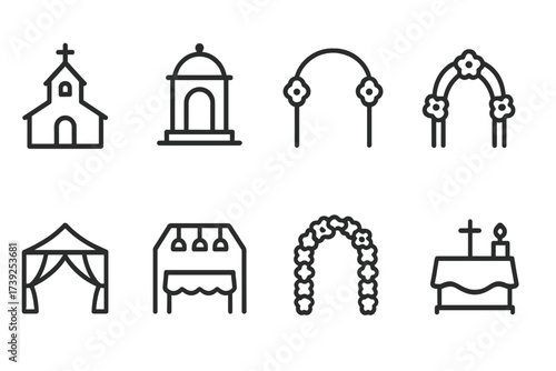 Wedding Icon Set. Outline icon set of vows emotions: happy couple, blushing bride, groom smiling, teardrop, holding hands, cheering crowd, hugging, exchanging