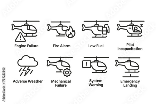 Helicopter Emergency Icons. Outline icon set of helicopter emergencies: engine failure, fire alarm, low fuel, pilot incapacitation, adverse weather, mechanical