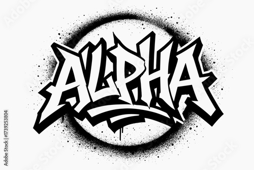 Graffiti Art Burst. Alpha, graffiti style, strong jagged tone, surrounded by spray textures, circular frame composition, clean white background, vector look,
