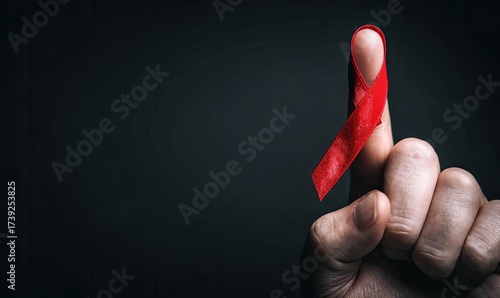 Close-up of finger with red ribbon, symbolizing awareness and support against diseases
