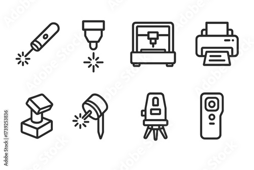 Laser Device Icons. Outline icon set of laser devices: laser pointer, laser cutter, laser engraver, laser printer, laser scanner, laser diode, laser level,