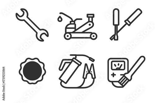 Armored Vehicle Tool Icons. Outline icon set of armored vehicle maintenance tools: wrench, oil can, hydraulic jack, screwdriver, tire patch, grease gun,