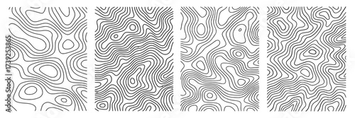 Abstract topographic contour line vector set featuring four unique panels with organic, flowing elevation patterns