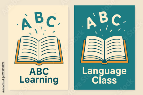 Language Learning Banners. Two vertical A6 banners, flat vector design, cream and teal backgrounds, open dictionary with ABC letters flying, language learning