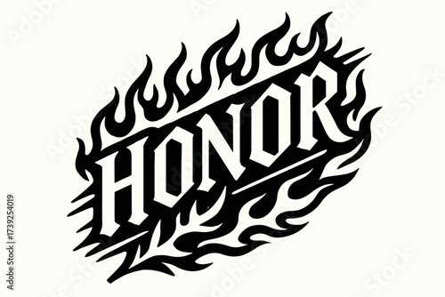 Gothic Honor Flames. Honor, gothic medieval style, structured bold strokes, surrounded by flames, diagonal decorative composition, clean white background,