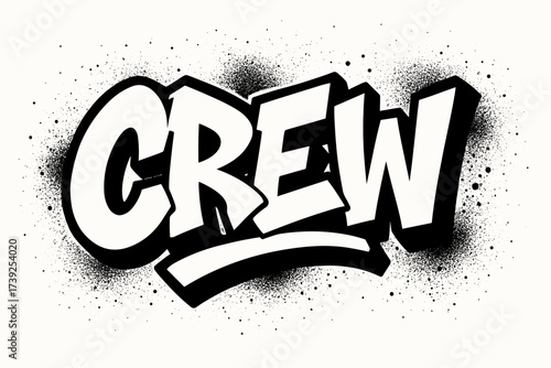 Urban Graffiti Lettering. Crew, graffiti lettering, bold urban lines, surrounded by spray textures, horizontal balanced layout, clean white background, vector