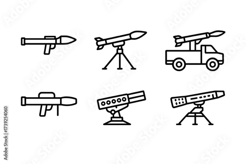 Rocket Launcher Icons. Outline icon set of rocket launcher types: shoulder-fired launcher, tripod-mounted launcher, vehicle-mounted launcher,