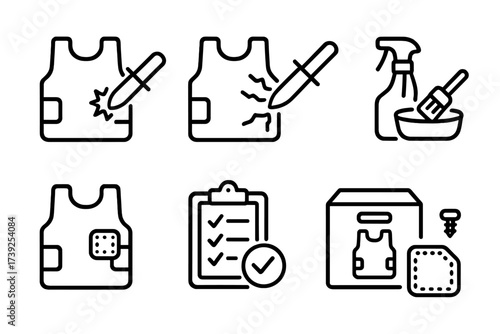 Vest Inspection Icons. Outline icon set of vest inspection: bullet impact, stab test, wear and tear, cleaning kit, repair patch, inspection checklist, vest
