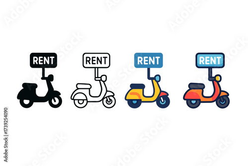 Scooter Icon Styles. Vector icon scooter rental same pose same proportions four styles black solid glyph outline minimal flat multicolor filled cartoon flat
