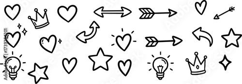 Cute Doodle Set of Arrows, Hearts, Stars, Crowns, and Light Bulbs