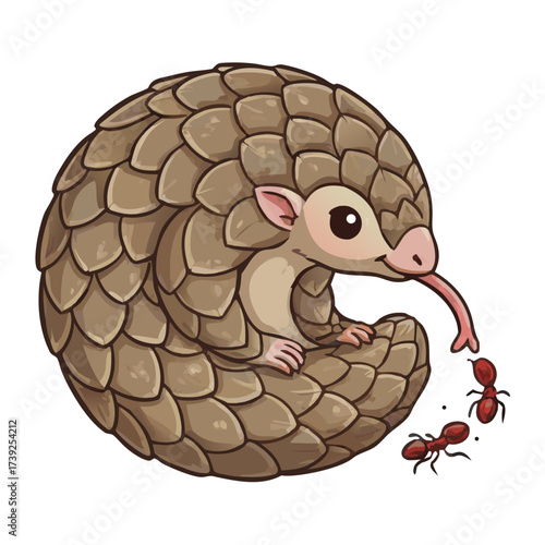 Cute cartoon pangolin eating ants in a circular pose, isolated on white