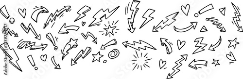 Hand-drawn black and white doodles of arrows, lightning bolts, hearts, and exclamation points for design