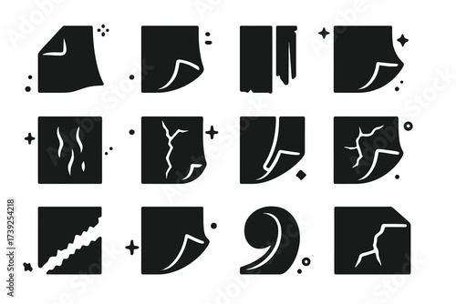 Peeling Wallpaper Icons. Peeling wallpaper edge. Solid icons set of peeling wallpaper edge: torn corner, curled wallpaper edge, ripped strip, half peeled