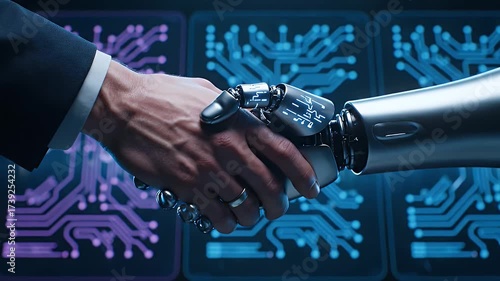 Futuristic handshake between human and robot against a digital circuit backdrop highlighting collaboration and technological advancement,